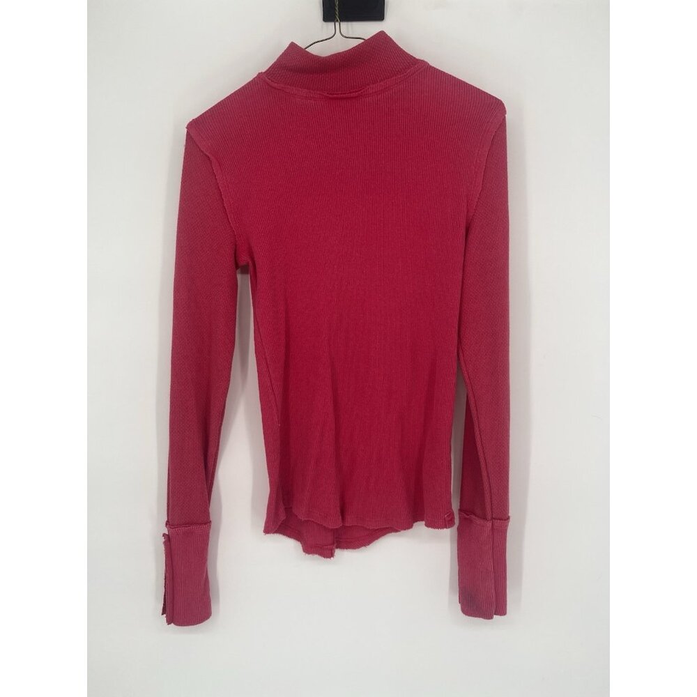 Free People Ribbed Top We The Free Jojo Hot Pink Mock Neck Button Cuffs‎ Size XS